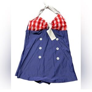 Women's Blue and Red Sailor Inspired Halter Swim One Piece